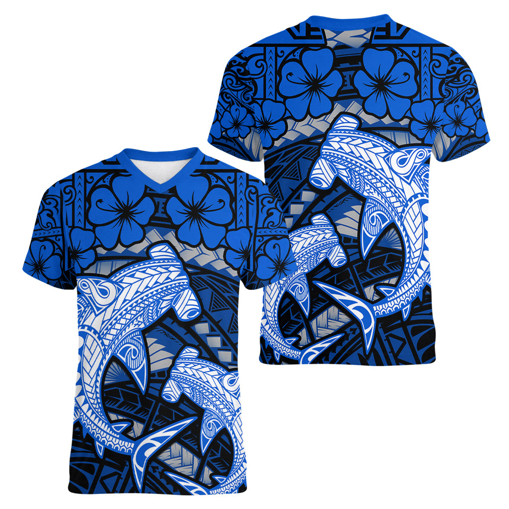 Polynesian Shark Valentine Day Women V Neck T Shirt Hibiscus and Tribal Tattoo Blue Style LT03 - Polynesian Pride