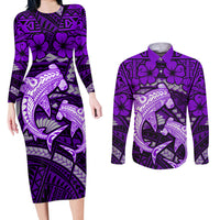 Polynesian Shark Valentine Day Couples Matching Long Sleeve Bodycon Dress and Long Sleeve Button Shirt Hibiscus and Tribal Tattoo Purple Style LT03 Purple - Polynesian Pride