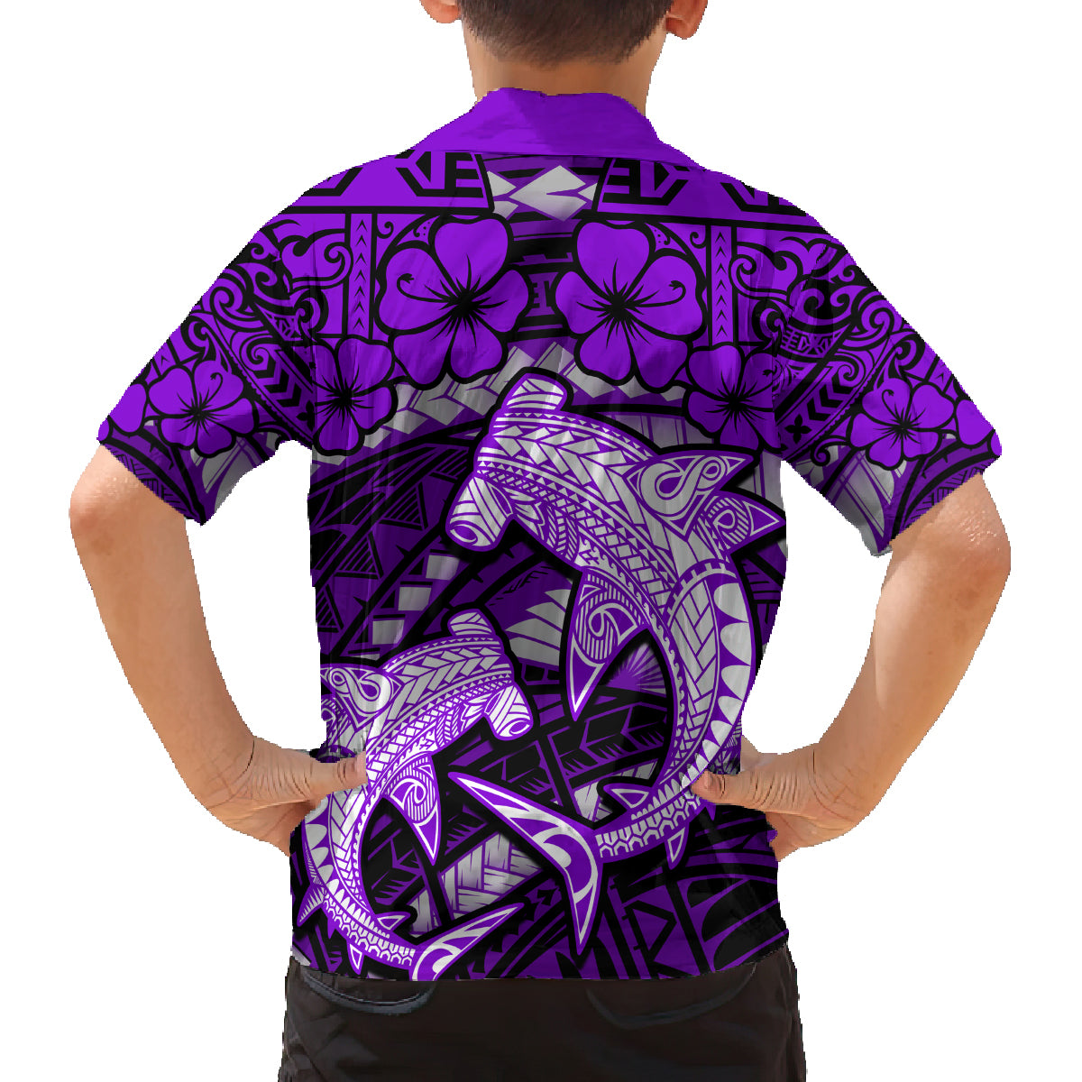 Polynesian Shark Valentine Day Family Matching Off Shoulder Maxi Dress and Hawaiian Shirt Hibiscus and Tribal Tattoo Purple Style LT03 - Polynesian Pride