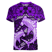 Polynesian Shark Valentine Day Women V Neck T Shirt Hibiscus and Tribal Tattoo Purple Style LT03 - Polynesian Pride