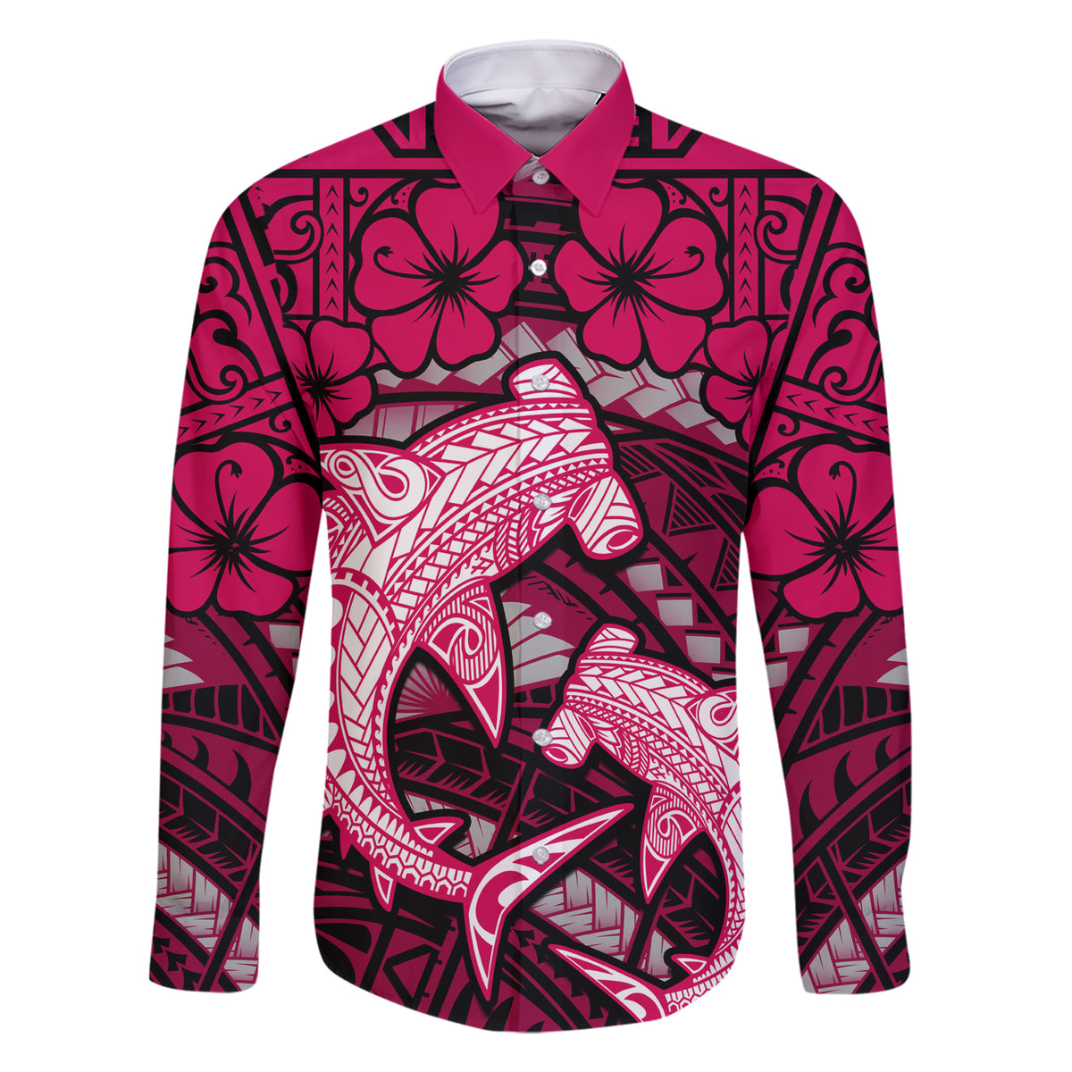 Polynesian Shark Valentine Day Family Matching Short Sleeve Bodycon Dress and Hawaiian Shirt Hibiscus and Tribal Tattoo Pink Style LT03 Dad's Shirt - Long Sleeve Pink - Polynesian Pride