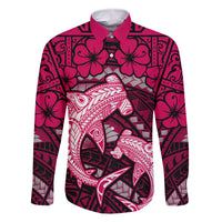 Polynesian Shark Valentine Day Family Matching Tank Maxi Dress and Hawaiian Shirt Hibiscus and Tribal Tattoo Pink Style LT03 Dad's Shirt - Long Sleeve Pink - Polynesian Pride