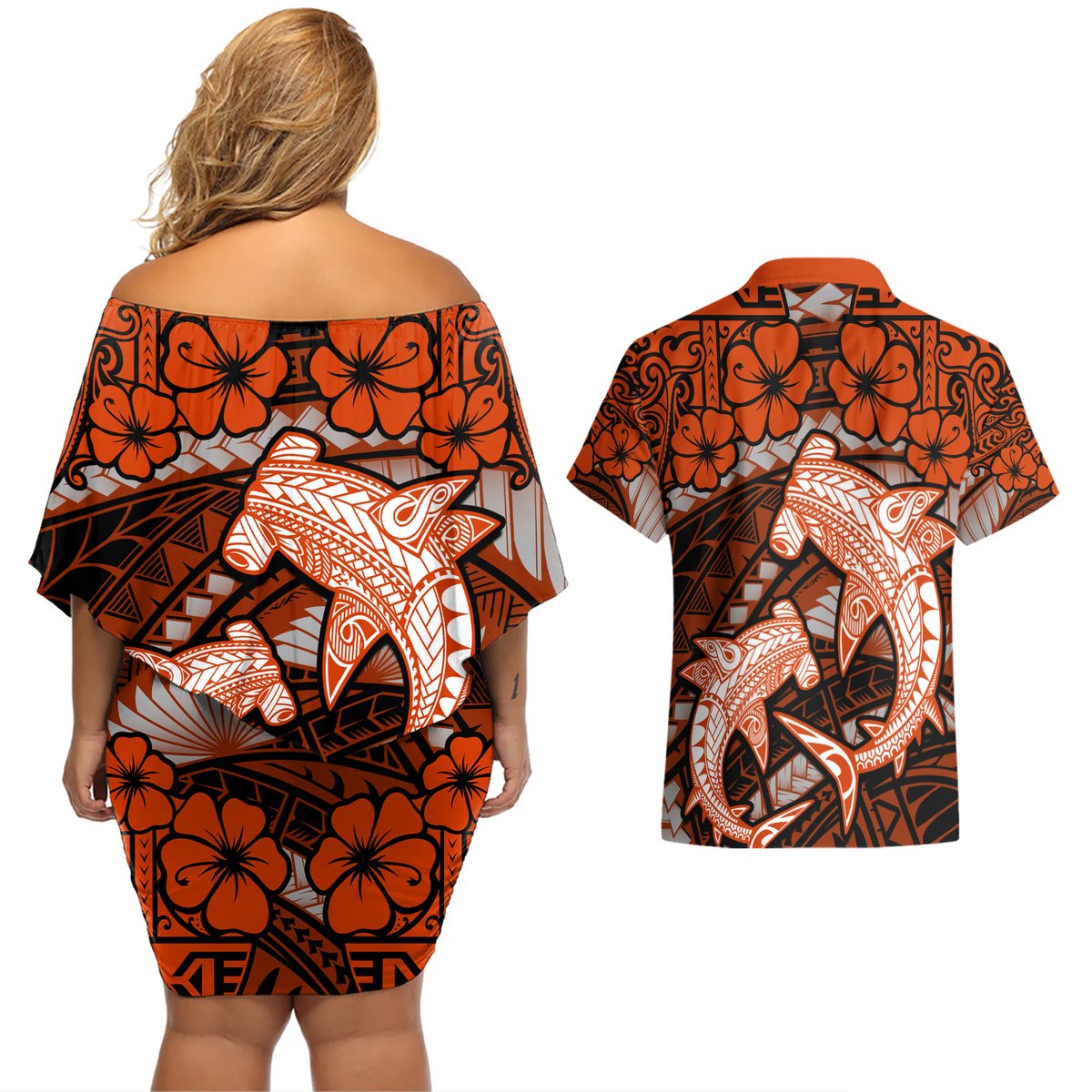 Polynesian Shark Valentine Day Couples Matching Off Shoulder Short Dress and Hawaiian Shirt Hibiscus and Tribal Tattoo Orange Style LT03 - Polynesian Pride