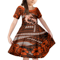 Polynesian Shark Valentine Day Family Matching Mermaid Dress and Hawaiian Shirt Hibiscus and Tribal Tattoo Orange Style LT03 Daughter's Dress Orange - Polynesian Pride