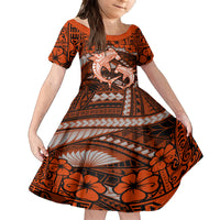 Polynesian Shark Valentine Day Family Matching Off Shoulder Long Sleeve Dress and Hawaiian Shirt Hibiscus and Tribal Tattoo Orange Style LT03 Daughter's Dress Orange - Polynesian Pride