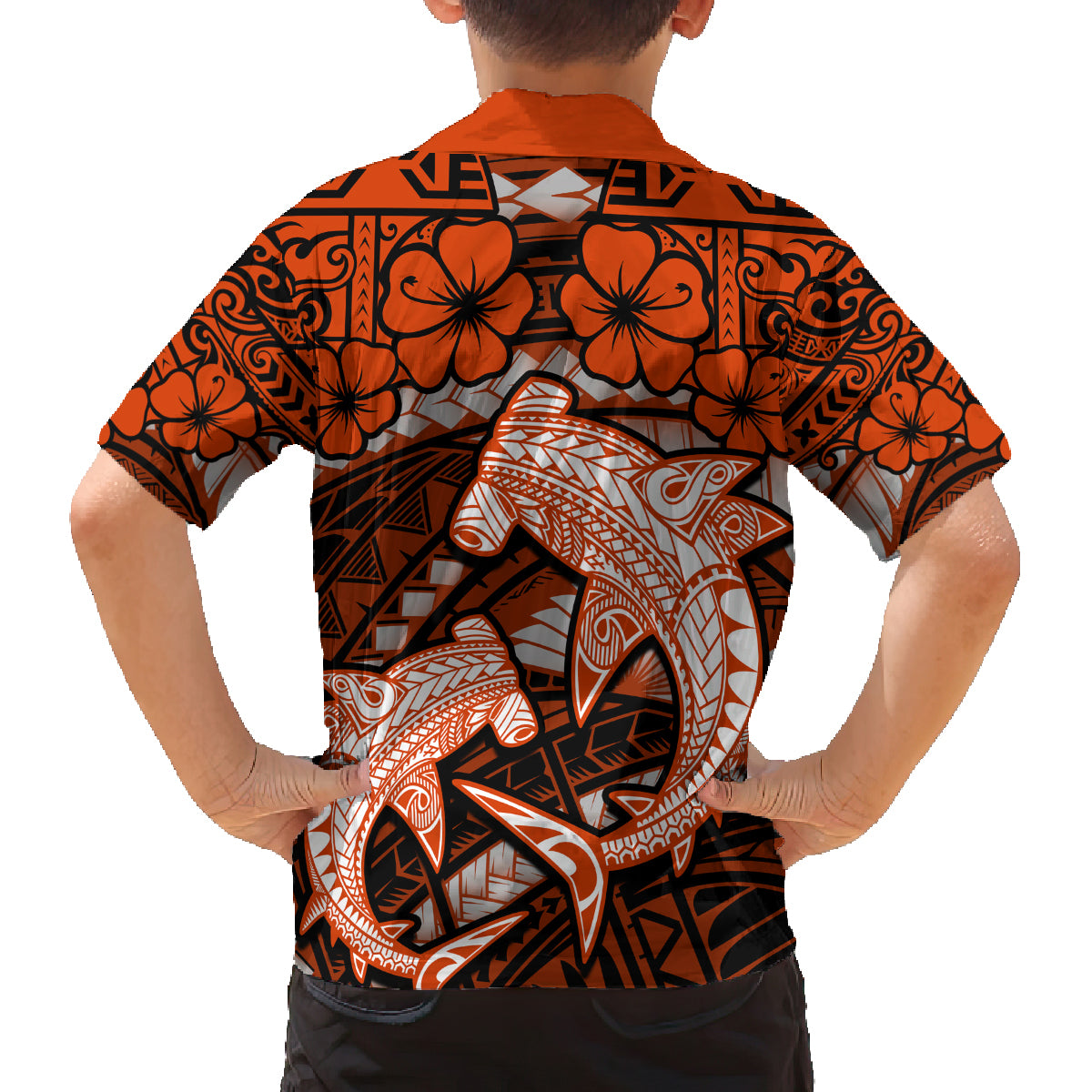 Polynesian Shark Valentine Day Family Matching Off Shoulder Maxi Dress and Hawaiian Shirt Hibiscus and Tribal Tattoo Orange Style LT03 - Polynesian Pride