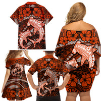 Polynesian Shark Valentine Day Family Matching Off Shoulder Short Dress and Hawaiian Shirt Hibiscus and Tribal Tattoo Orange Style LT03 - Polynesian Pride
