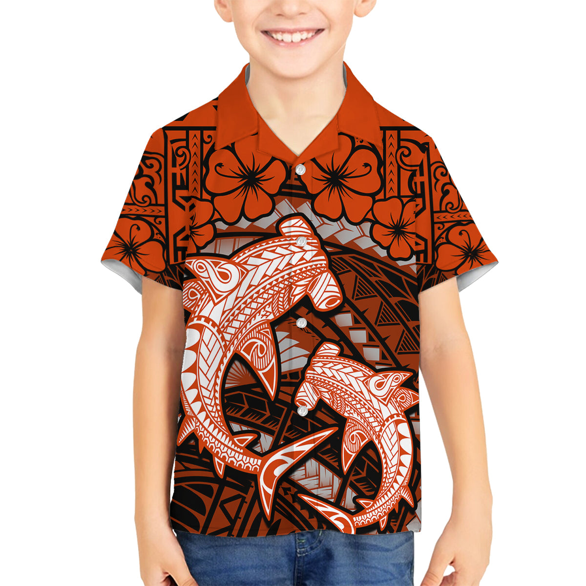 Polynesian Shark Valentine Day Family Matching Summer Maxi Dress and Hawaiian Shirt Hibiscus and Tribal Tattoo Orange Style LT03 Son's Shirt Orange - Polynesian Pride