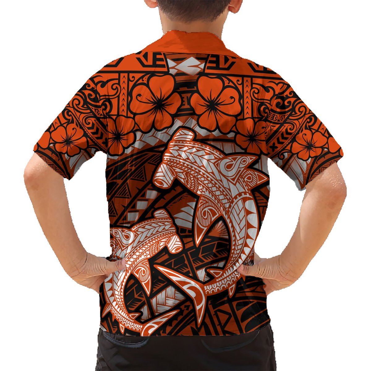 Polynesian Shark Valentine Day Hawaiian Shirt Hibiscus and Tribal Tattoo Orange Style LT03 - Polynesian Pride