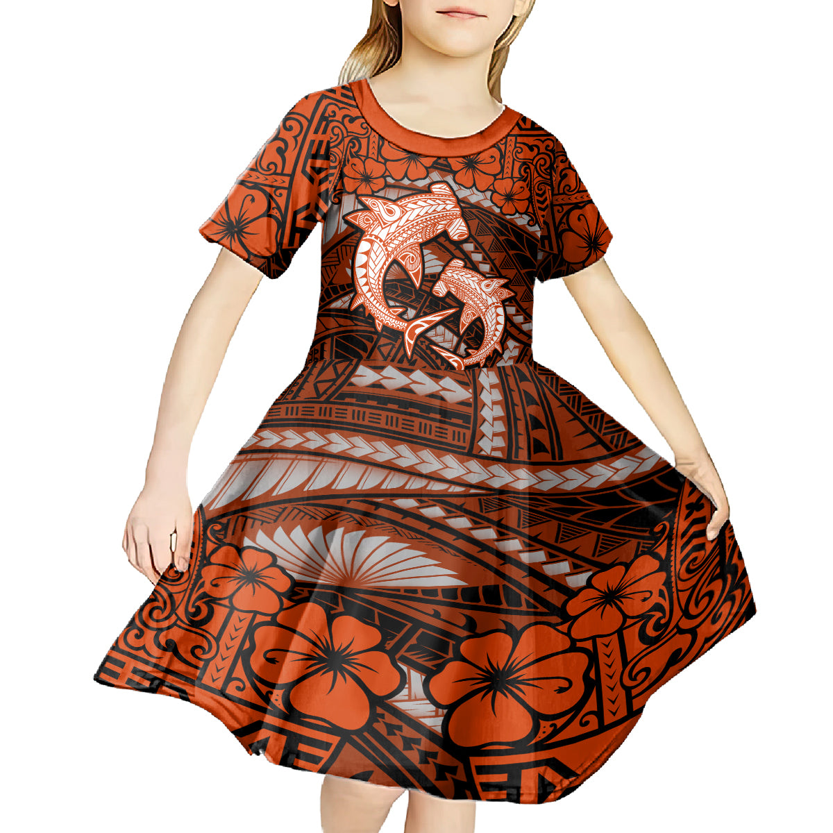 Polynesian Shark Valentine Day Kid Short Sleeve Dress Hibiscus and Tribal Tattoo Orange Style LT03 - Polynesian Pride