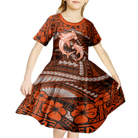 Polynesian Shark Valentine Day Kid Short Sleeve Dress Hibiscus and Tribal Tattoo Orange Style LT03 - Polynesian Pride