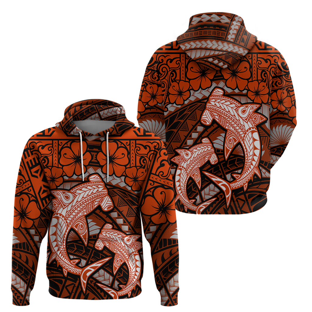 Polynesian Shark Valentine Day Zip Hoodie Hibiscus and Tribal Tattoo Orange Style LT03 - Polynesian Pride