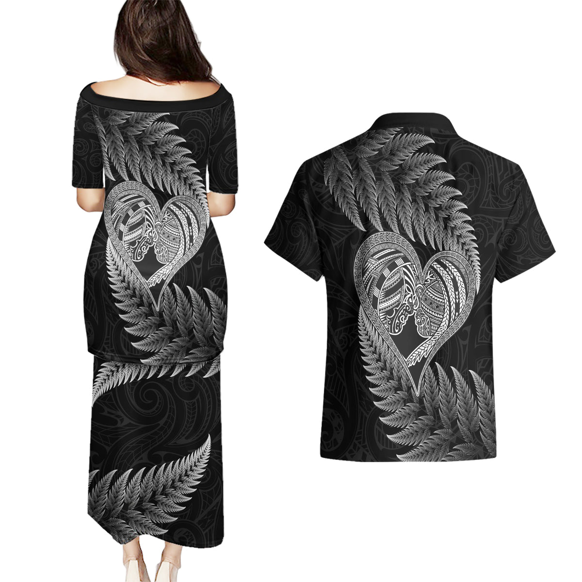 New Zealand Valentine Day Couples Matching Puletasi and Hawaiian Shirt Aotearoa Warrior and Woman Love Heart Maori Pattern LT03 - Polynesian Pride