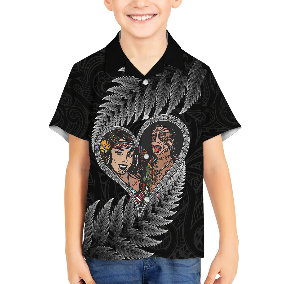 New Zealand Valentine Day Family Matching Long Sleeve Bodycon Dress and Hawaiian Shirt Aotearoa Warrior and Woman Love Heart Maori Pattern LT03 Son's Shirt Black - Polynesian Pride