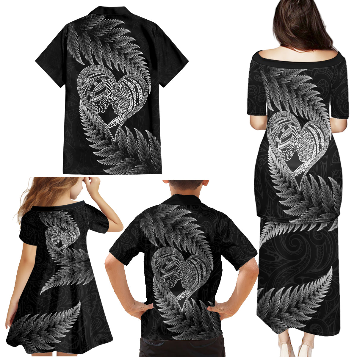 New Zealand Valentine Day Family Matching Puletasi and Hawaiian Shirt Aotearoa Warrior and Woman Love Heart Maori Pattern LT03 - Polynesian Pride
