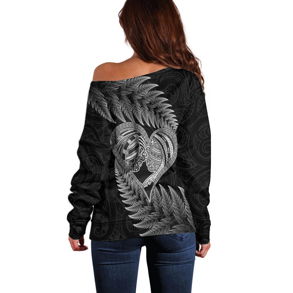 New Zealand Valentine Day Off Shoulder Sweater Aotearoa Warrior and Woman Love Heart Maori Pattern LT03 - Polynesian Pride