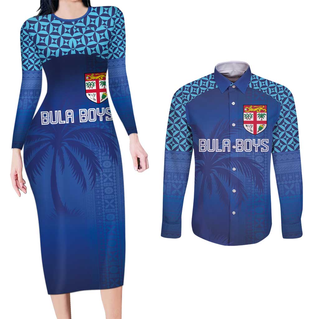 Custom Fiji Football-Towards World Cup 2026 Couples Matching Long Sleeve Bodycon Dress and Long Sleeve Button Shirt LT03 Blue - Polynesian Pride