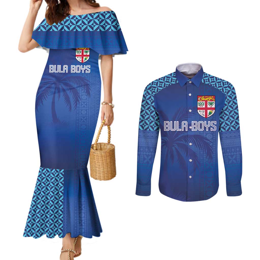 Custom Fiji Football-Towards World Cup 2026 Couples Matching Mermaid Dress and Long Sleeve Button Shirt LT03 Blue - Polynesian Pride