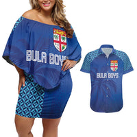 Custom Fiji Football-Towards World Cup 2026 Couples Matching Off Shoulder Short Dress and Hawaiian Shirt LT03 Blue - Polynesian Pride