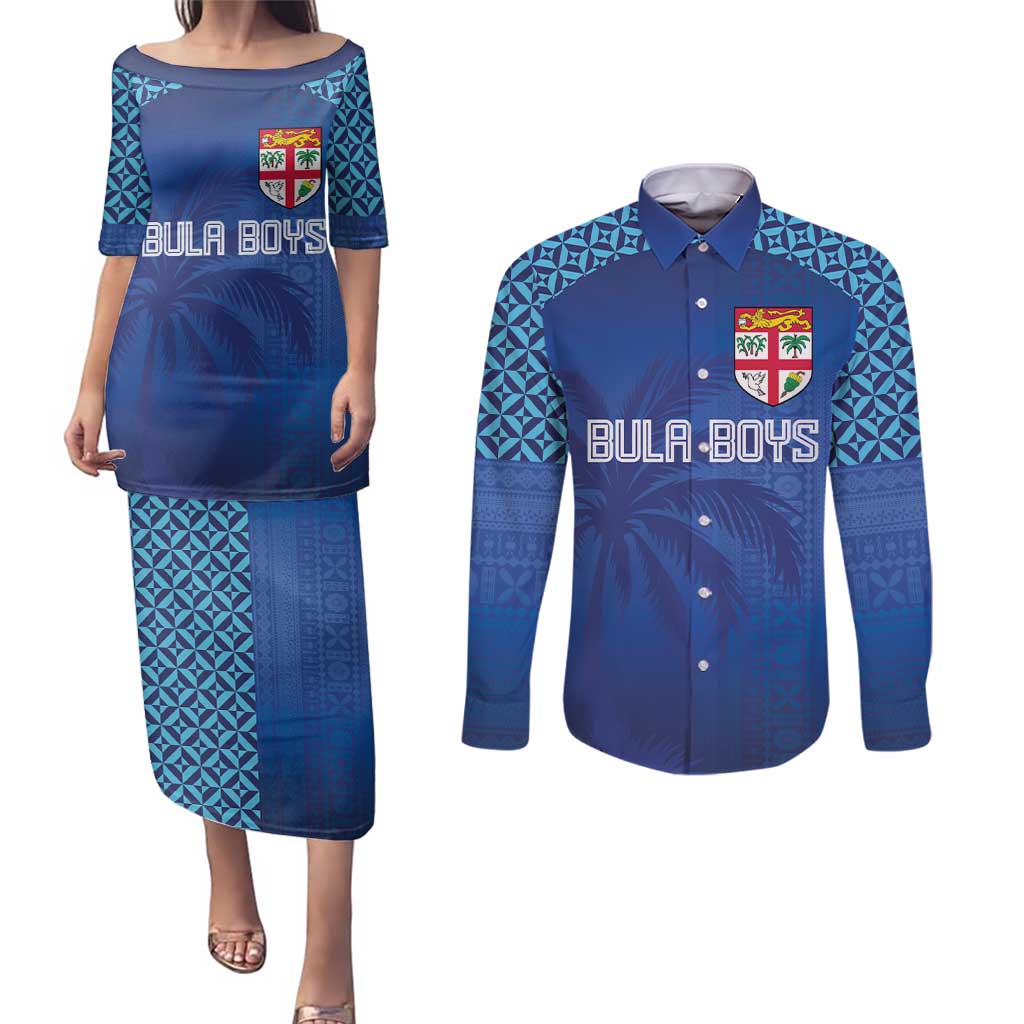 Custom Fiji Football-Towards World Cup 2026 Couples Matching Puletasi and Long Sleeve Button Shirt