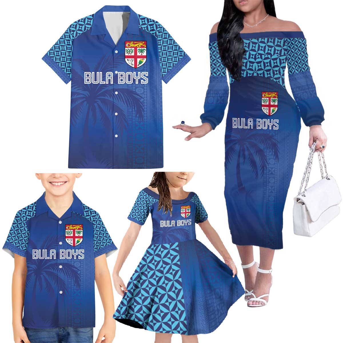 Custom Fiji Football-Towards World Cup 2026 Family Matching Off The Shoulder Long Sleeve Dress and Hawaiian Shirt LT03 - Polynesian Pride
