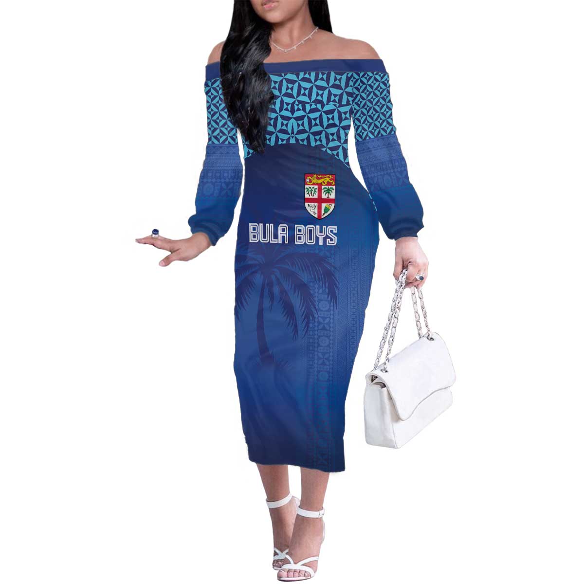 Custom Fiji Football-Towards World Cup 2026 Family Matching Off The Shoulder Long Sleeve Dress and Hawaiian Shirt LT03 Mom's Dress Blue - Polynesian Pride
