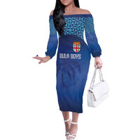Custom Fiji Football-Towards World Cup 2026 Family Matching Off The Shoulder Long Sleeve Dress and Hawaiian Shirt LT03 Mom's Dress Blue - Polynesian Pride