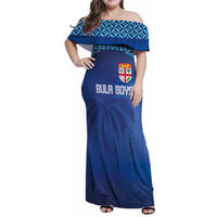 Custom Fiji Football-Towards World Cup 2026 Family Matching Off Shoulder Maxi Dress and Hawaiian Shirt LT03 Mom's Dress Blue - Polynesian Pride
