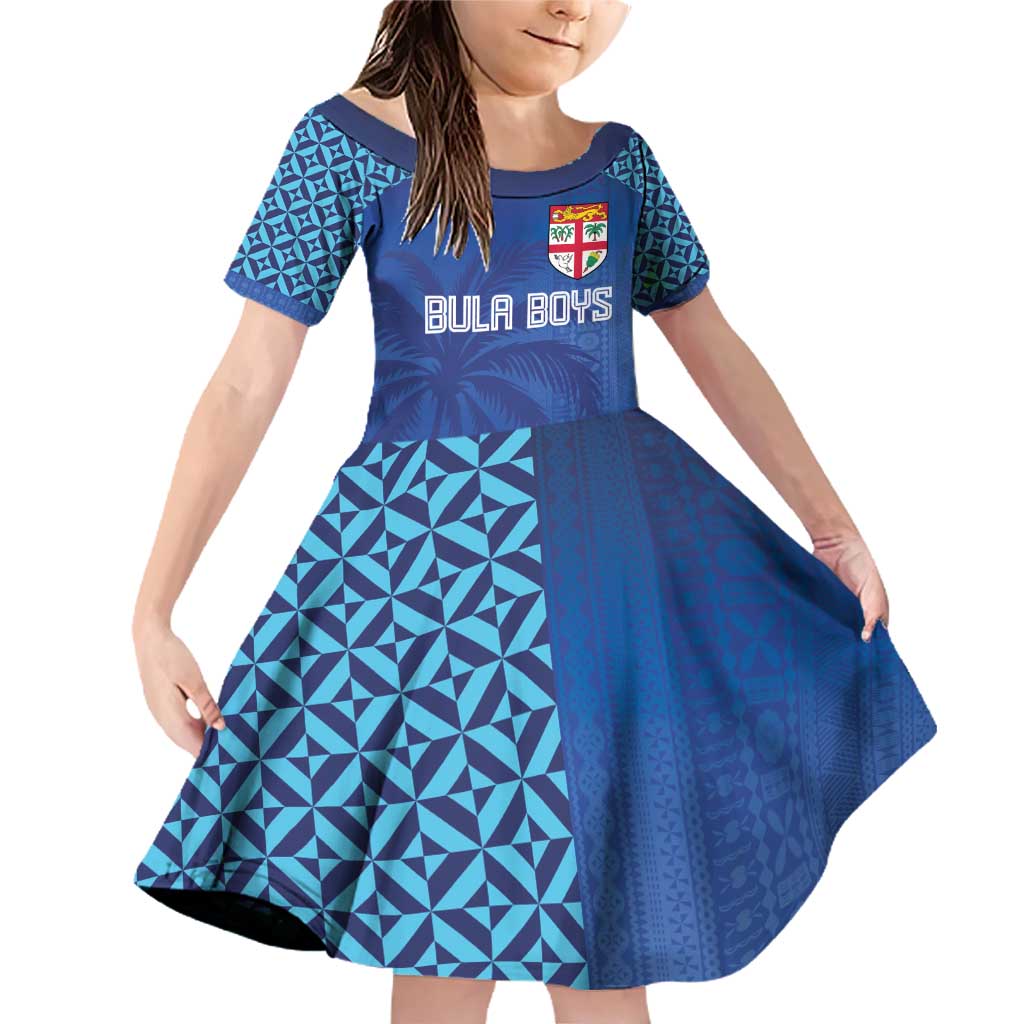 Custom Fiji Football-Towards World Cup 2026 Family Matching Off Shoulder Short Dress and Hawaiian Shirt LT03 Daughter's Dress Blue - Polynesian Pride