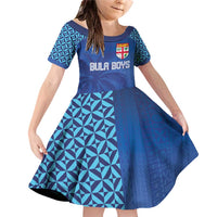 Custom Fiji Football-Towards World Cup 2026 Family Matching Off Shoulder Short Dress and Hawaiian Shirt LT03 Daughter's Dress Blue - Polynesian Pride