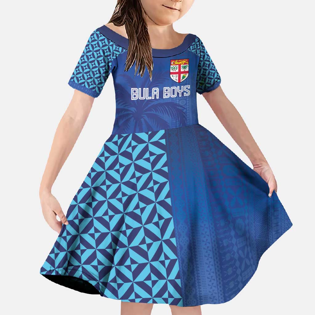 Custom Fiji Football-Towards World Cup 2026 Family Matching Short Sleeve Bodycon Dress and Hawaiian Shirt LT03 Daughter's Dress Blue - Polynesian Pride