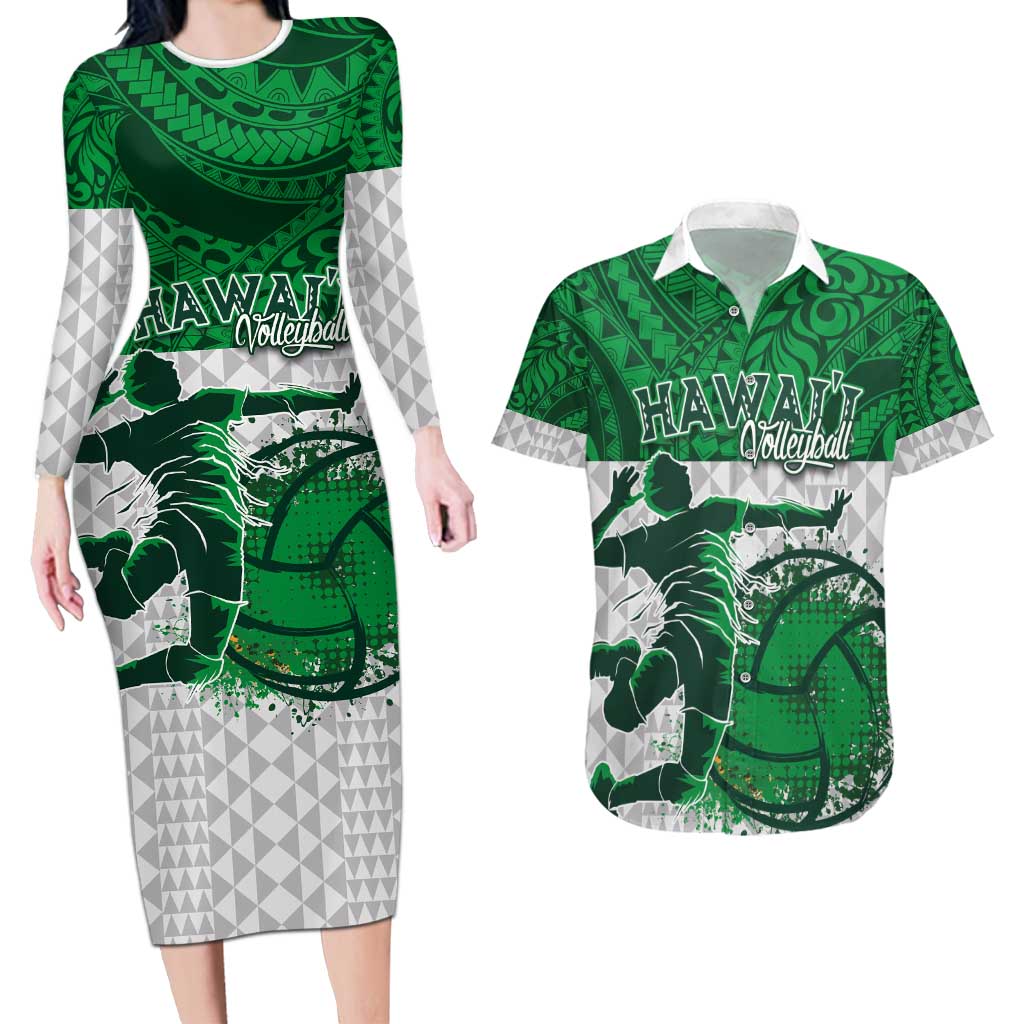 Custom Hawaii Volleyball-Kakau Motif Green Color Couples Matching Long Sleeve Bodycon Dress and Hawaiian Shirt LT03 Green - Polynesian Pride