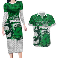 Custom Hawaii Volleyball-Kakau Motif Green Color Couples Matching Long Sleeve Bodycon Dress and Hawaiian Shirt LT03 Green - Polynesian Pride