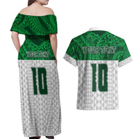 Custom Hawaii Volleyball-Kakau Motif Green Color Couples Matching Off Shoulder Maxi Dress and Hawaiian Shirt LT03 - Polynesian Pride