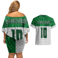 Custom Hawaii Volleyball-Kakau Motif Green Color Couples Matching Off Shoulder Short Dress and Hawaiian Shirt LT03 - Polynesian Pride