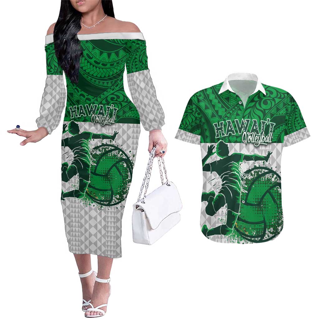 Custom Hawaii Volleyball-Kakau Motif Green Color Couples Matching Off The Shoulder Long Sleeve Dress and Hawaiian Shirt LT03 Green - Polynesian Pride