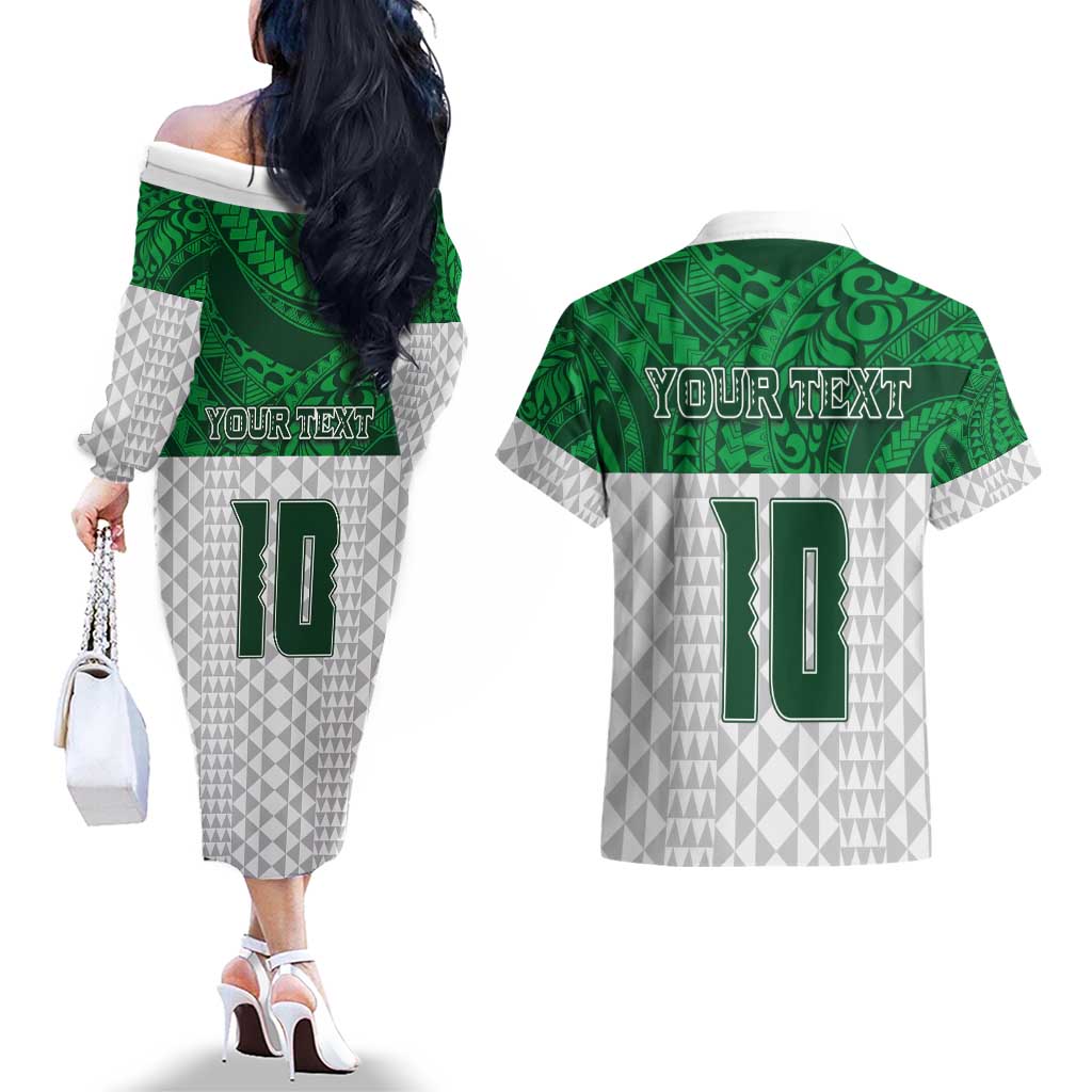 Custom Hawaii Volleyball-Kakau Motif Green Color Couples Matching Off The Shoulder Long Sleeve Dress and Hawaiian Shirt LT03 - Polynesian Pride
