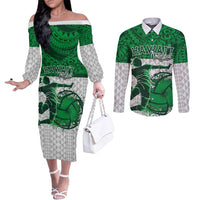 Custom Hawaii Volleyball-Kakau Motif Green Color Couples Matching Off The Shoulder Long Sleeve Dress and Long Sleeve Button Shirt LT03 Green - Polynesian Pride