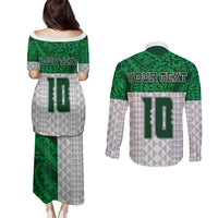 Custom Hawaii Volleyball-Kakau Motif Green Color Couples Matching Puletasi and Long Sleeve Button Shirt