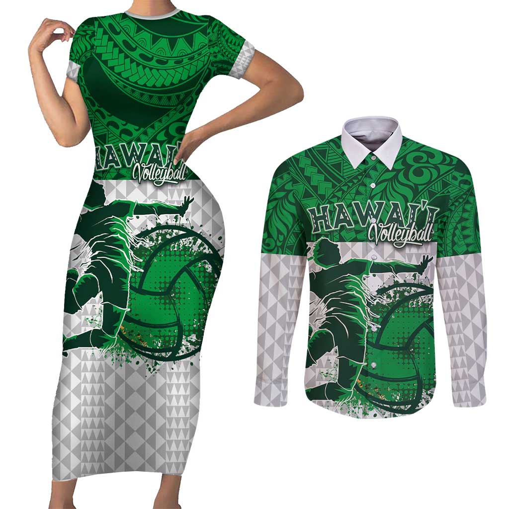 Custom Hawaii Volleyball-Kakau Motif Green Color Couples Matching Short Sleeve Bodycon Dress and Long Sleeve Button Shirt LT03 Green - Polynesian Pride