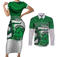 Custom Hawaii Volleyball-Kakau Motif Green Color Couples Matching Short Sleeve Bodycon Dress and Long Sleeve Button Shirt LT03 Green - Polynesian Pride