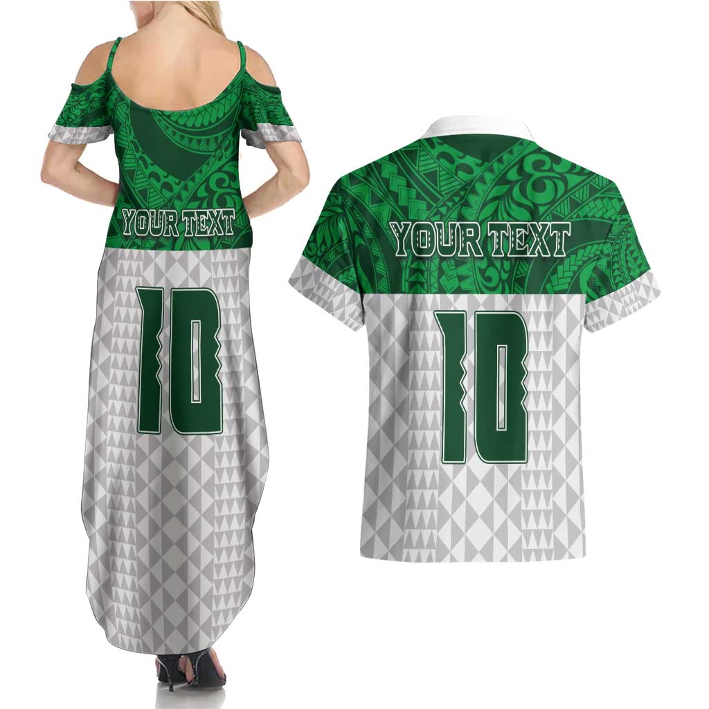 Custom Hawaii Volleyball-Kakau Motif Green Color Couples Matching Summer Maxi Dress and Hawaiian Shirt LT03 - Polynesian Pride