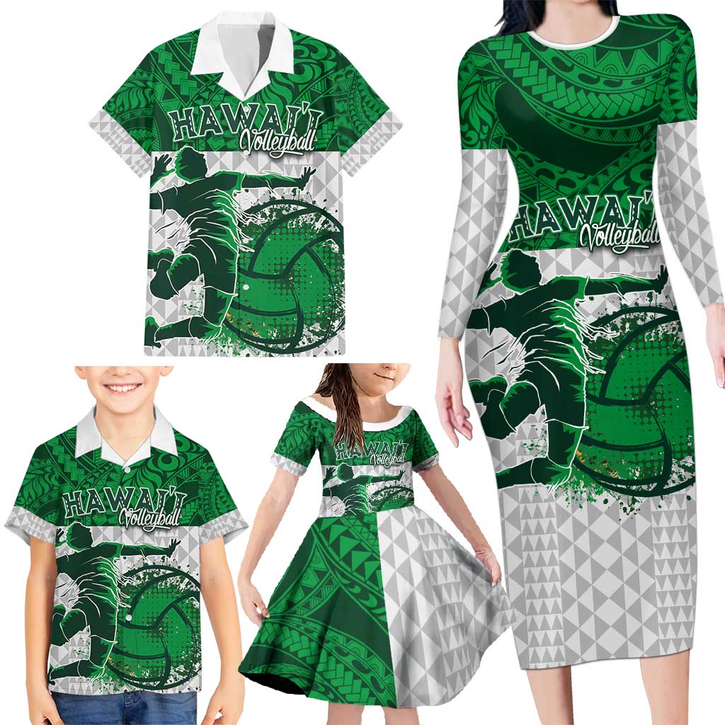 Custom Hawaii Volleyball-Kakau Motif Green Color Family Matching Long Sleeve Bodycon Dress and Hawaiian Shirt LT03 - Polynesian Pride