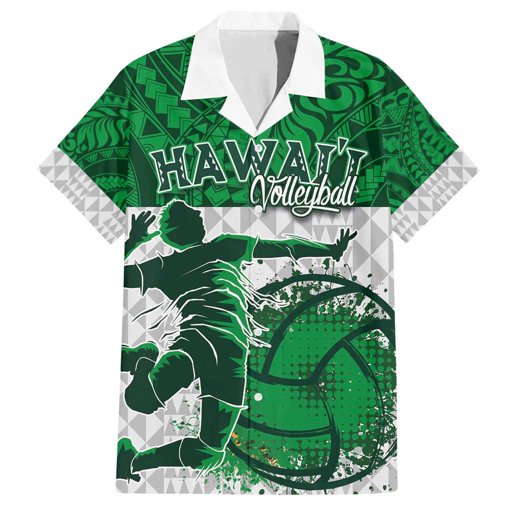 Custom Hawaii Volleyball-Kakau Motif Green Color Family Matching Long Sleeve Bodycon Dress and Hawaiian Shirt LT03 Dad's Shirt - Short Sleeve Green - Polynesian Pride