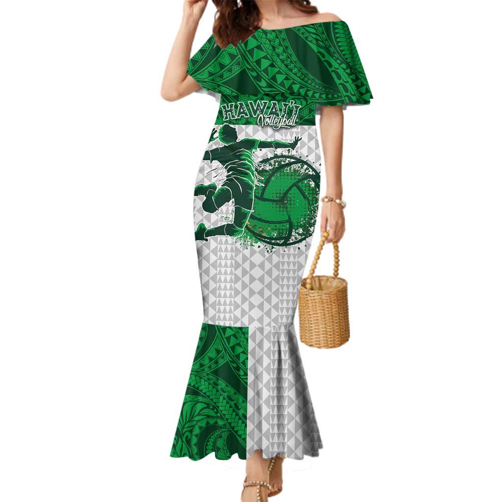 Custom Hawaii Volleyball-Kakau Motif Green Color Family Matching Mermaid Dress and Hawaiian Shirt LT03 Mom's Dress Green - Polynesian Pride