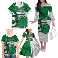Custom Hawaii Volleyball-Kakau Motif Green Color Family Matching Off The Shoulder Long Sleeve Dress and Hawaiian Shirt LT03 - Polynesian Pride