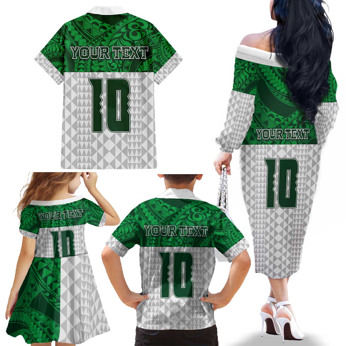 Custom Hawaii Volleyball-Kakau Motif Green Color Family Matching Off The Shoulder Long Sleeve Dress and Hawaiian Shirt LT03 - Polynesian Pride