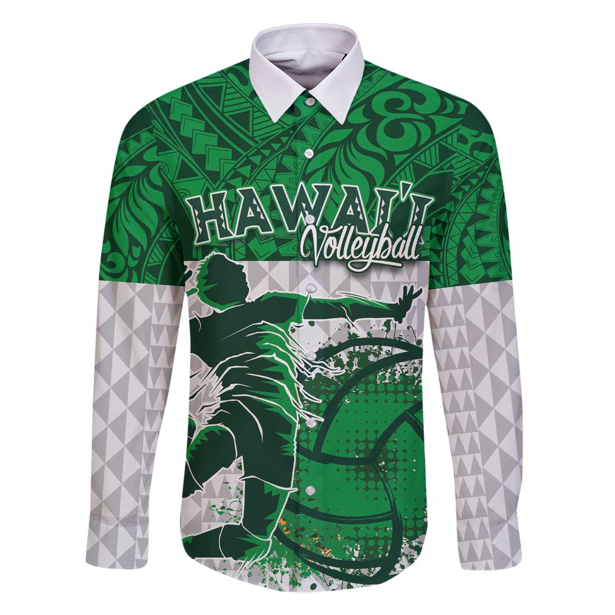 Custom Hawaii Volleyball-Kakau Motif Green Color Family Matching Off The Shoulder Long Sleeve Dress and Hawaiian Shirt LT03 Dad's Shirt - Long Sleeve Green - Polynesian Pride