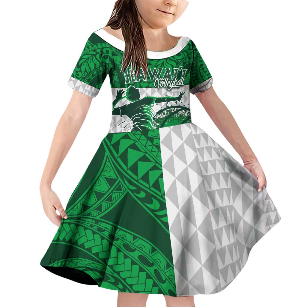 Custom Hawaii Volleyball-Kakau Motif Green Color Family Matching Off Shoulder Short Dress and Hawaiian Shirt LT03 Daughter's Dress Green - Polynesian Pride