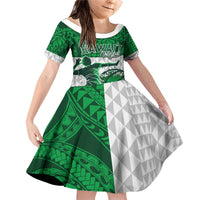 Custom Hawaii Volleyball-Kakau Motif Green Color Family Matching Off Shoulder Short Dress and Hawaiian Shirt LT03 Daughter's Dress Green - Polynesian Pride